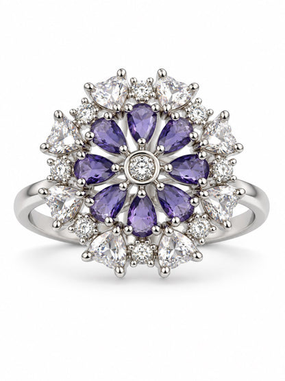 Purple Petal Halo Flower Ring - Silver Plated - alternate view