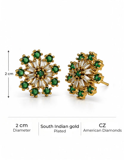 Green Baguette Sunburst Stud Earrings, gold plated, size and plating details