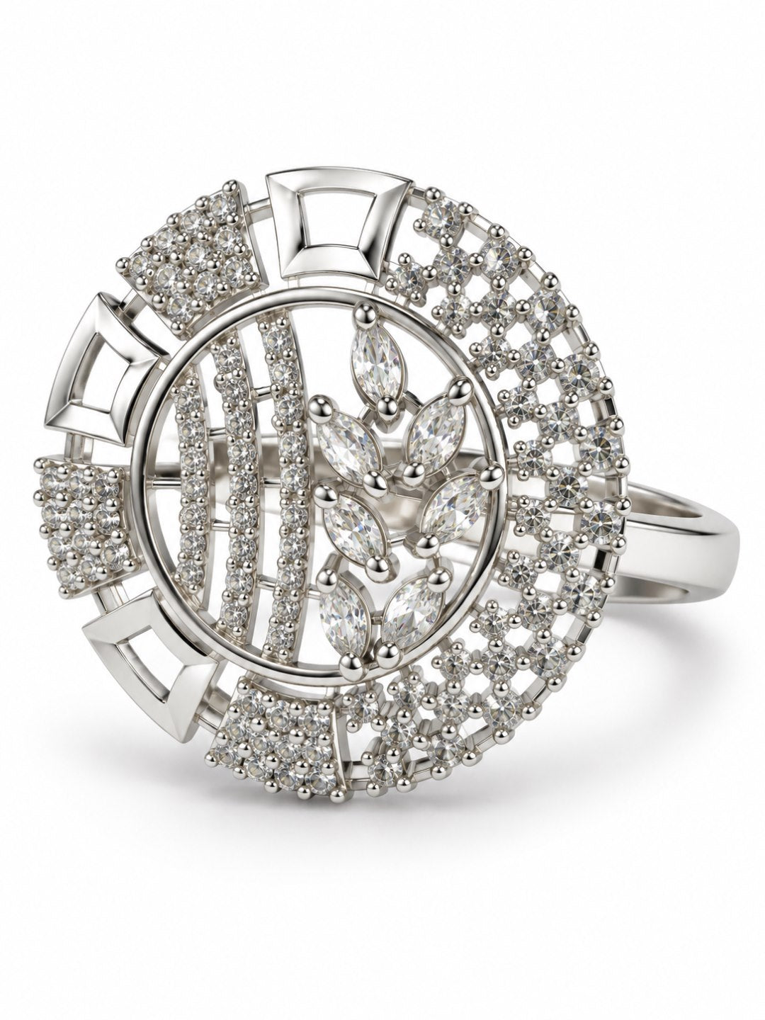 Clear Stone Circular Geometric Ring - Silver Plated - alternate view
