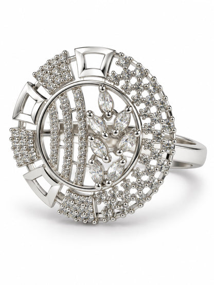 Clear Stone Circular Geometric Ring - Silver Plated - alternate view
