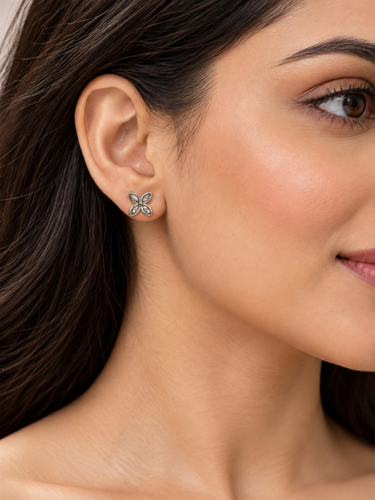 Clear Marquise Four Petal Stud Earrings, silver plated, model close-up