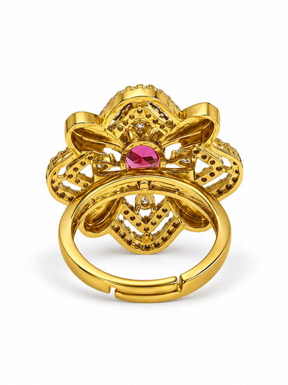 Red Stone Four Petal Floral Ring - Gold Plated, additional view 5