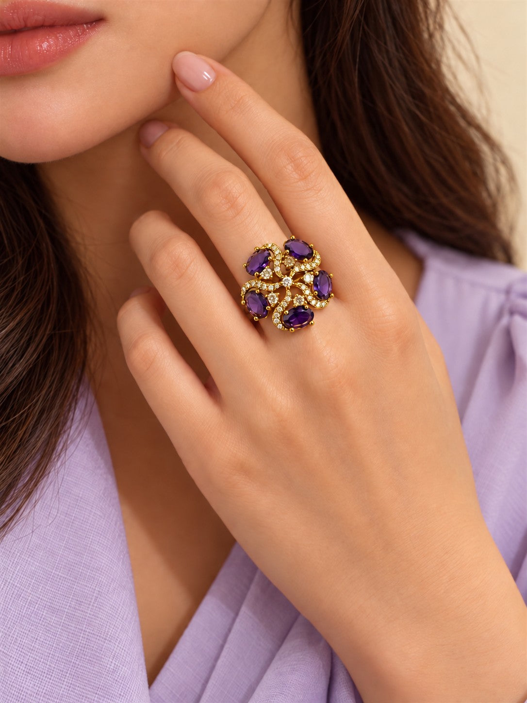 Purple Stone Five Petal Swirl Ring - Gold Plated, model close-up
