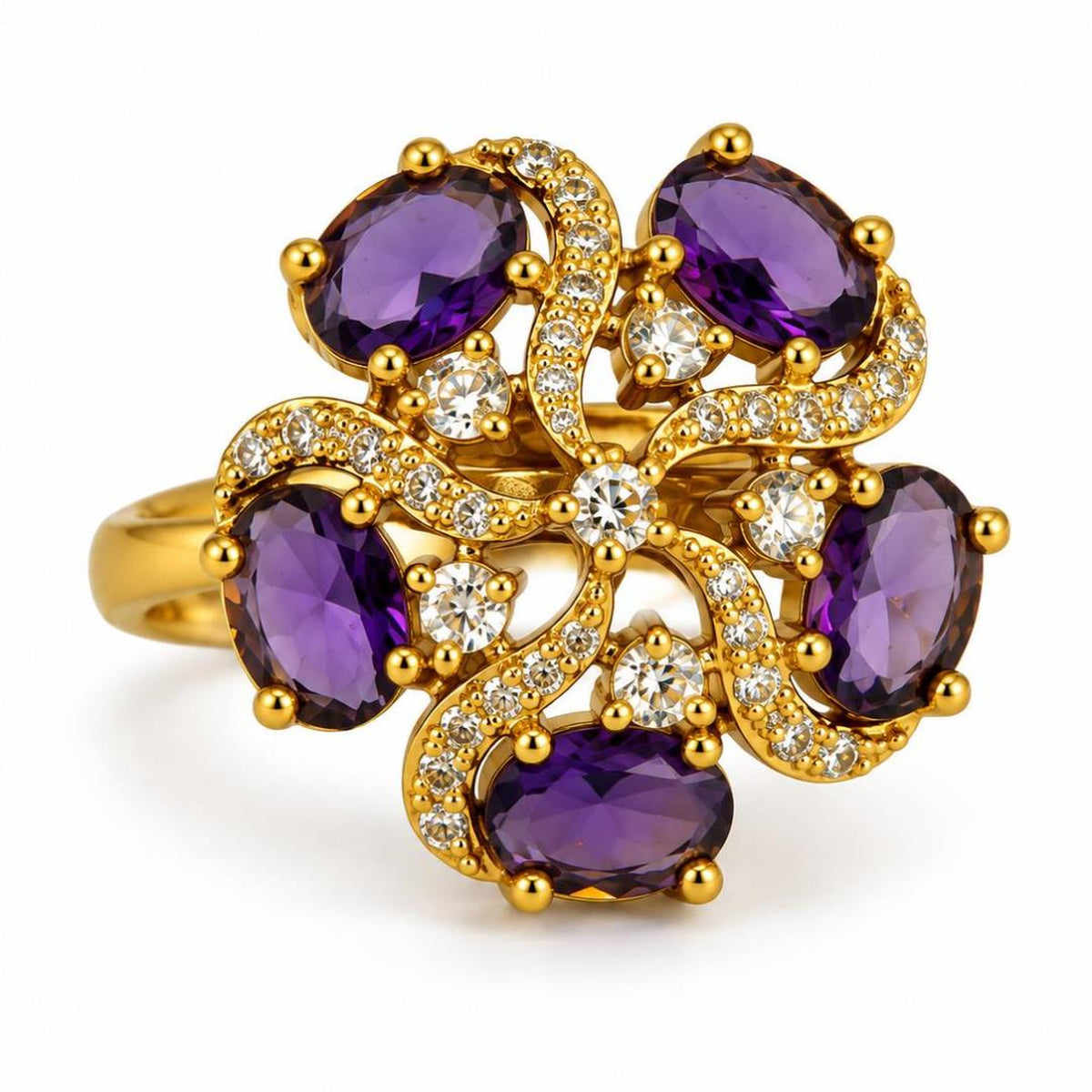 Purple Stone Five Petal Swirl Ring - Gold Plated, product view
