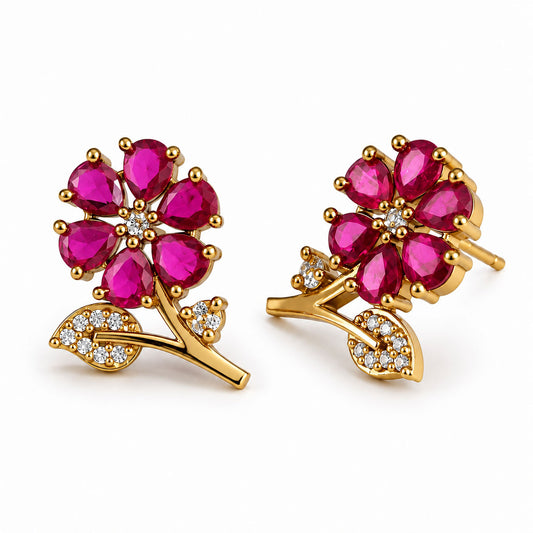 Pink Floral and Leaf Stud Earrings, gold plated