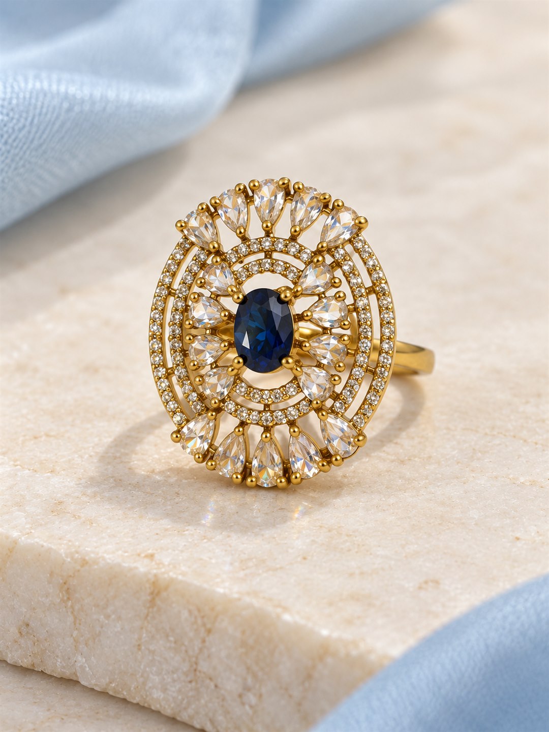 Blue Stone Oval Teardrop Halo Ring - Gold Plated, additional view 2