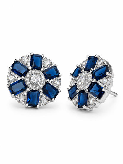 Blue round flower silver-plated stud earrings