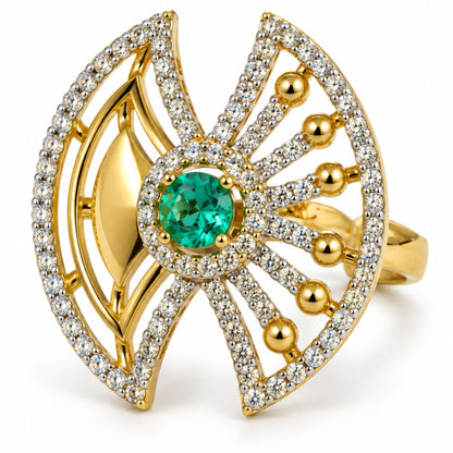 Sea Green Center Stone Fan Motif Ring - Gold Plated