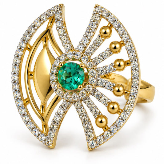 Sea Green Center Stone Fan Motif Ring - Gold Plated