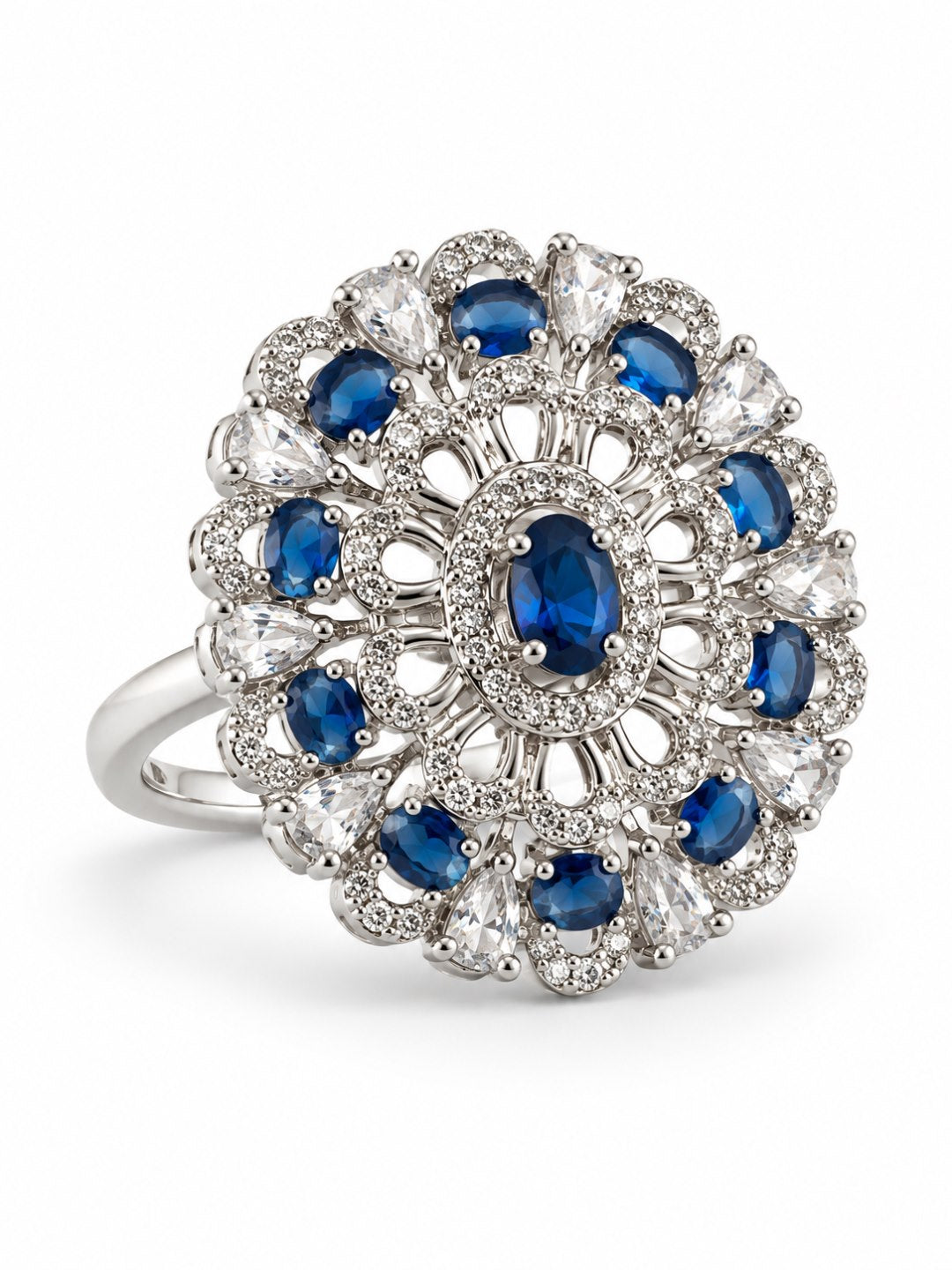 Blue Oval Center Floral Cluster Ring - Silver Plated - alternate view
