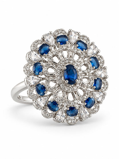 Blue Oval Center Floral Cluster Ring - Silver Plated - alternate view