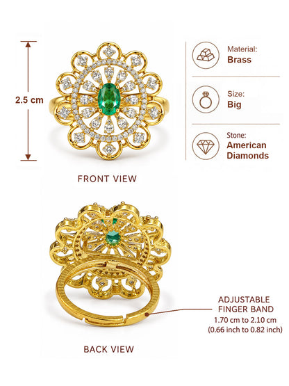 Green Center Stone Scalloped Floral Halo Ring - Gold Plated