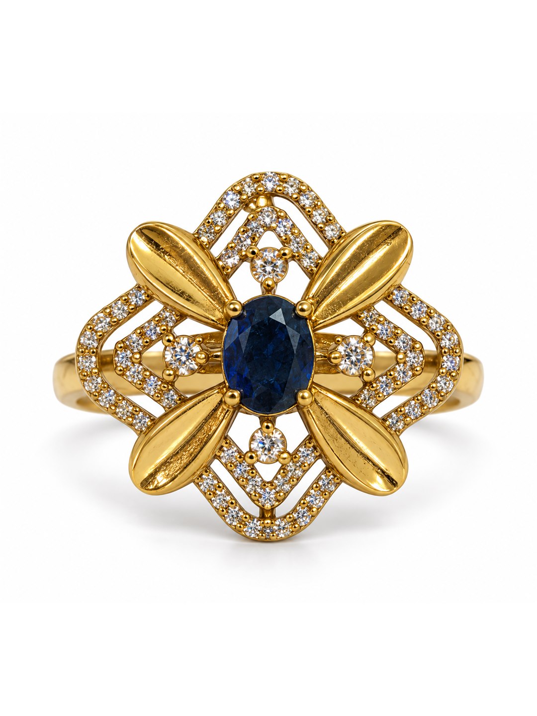 Blue Stone Four Petal Floral Ring - Gold Plated, additional view 4