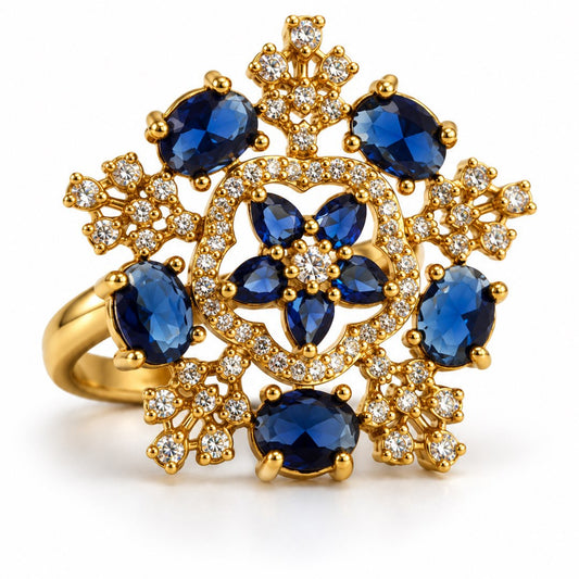 Blue Stone Floral Cross Cluster Ring - Gold Plated, product view