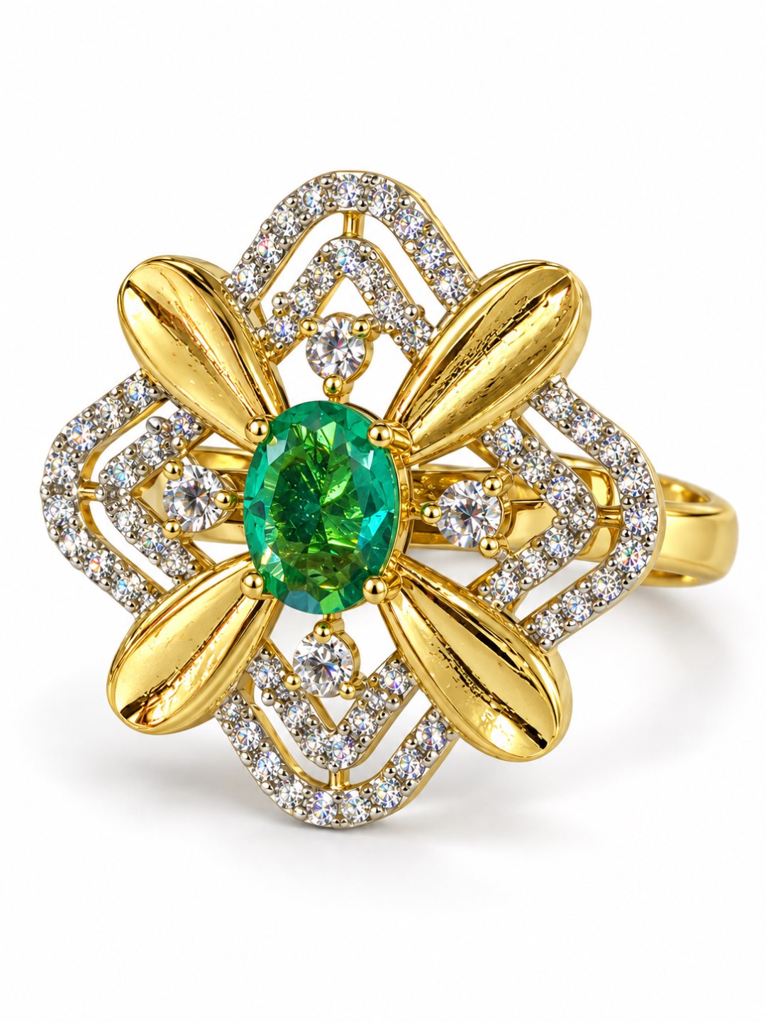 Sea Green Center Stone Four-Petal Floral Ring - Gold Plated