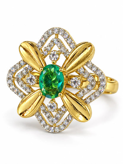 Sea Green Center Stone Four-Petal Floral Ring - Gold Plated