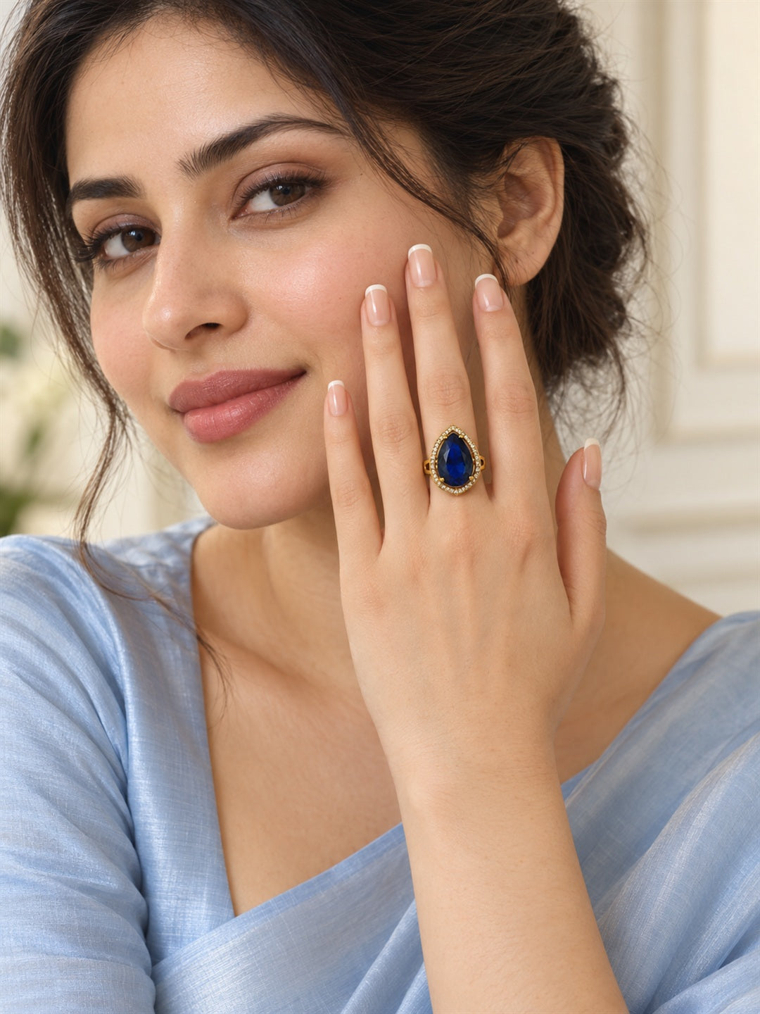 Blue Teardrop Stone Halo Ring - Gold Plated, additional view 2