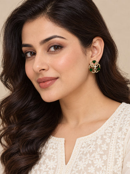 Green Three Heart Openwork Floral Stud Earrings - Gold Plated