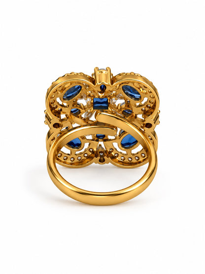 Blue Stone Four Leaf Clover Cluster Ring - Gold Plated, additional view 5