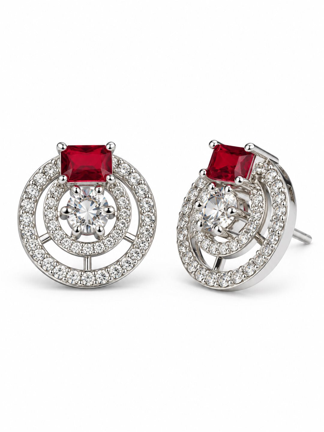 Red Stone Double Halo Stud Earrings, silver plated, alternate product view