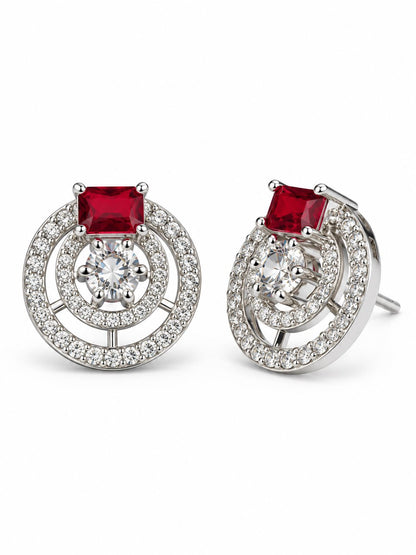 Red Stone Double Halo Stud Earrings, silver plated, alternate product view