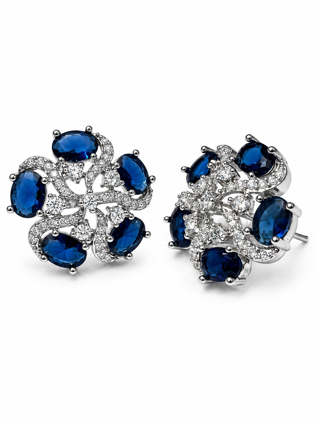 Blue Oval Stone Openwork Floral Stud Earrings in silver plating