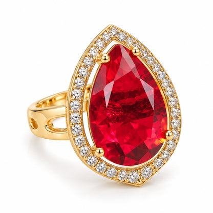Red Teardrop Stone Halo Ring - Gold Plated, product view