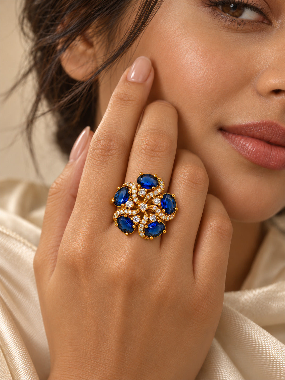 Blue Stone Five Petal Swirl Ring - Gold Plated, model close-up