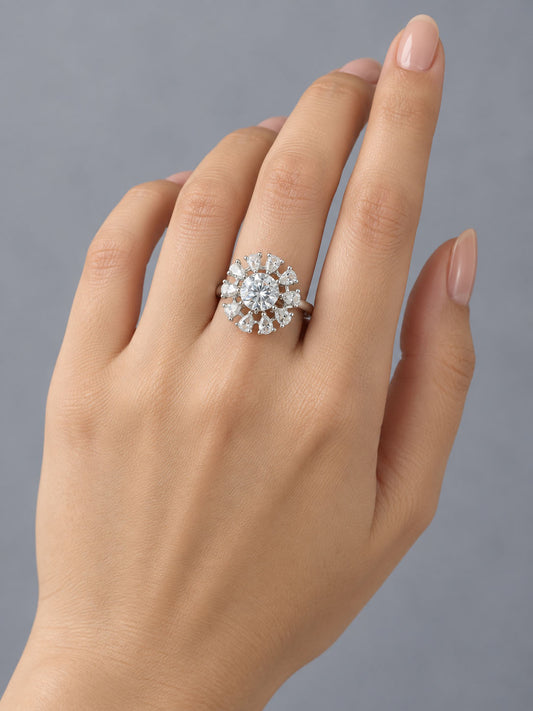 Silver Plated Floral AD Adjustable Ring For Women - model close-up