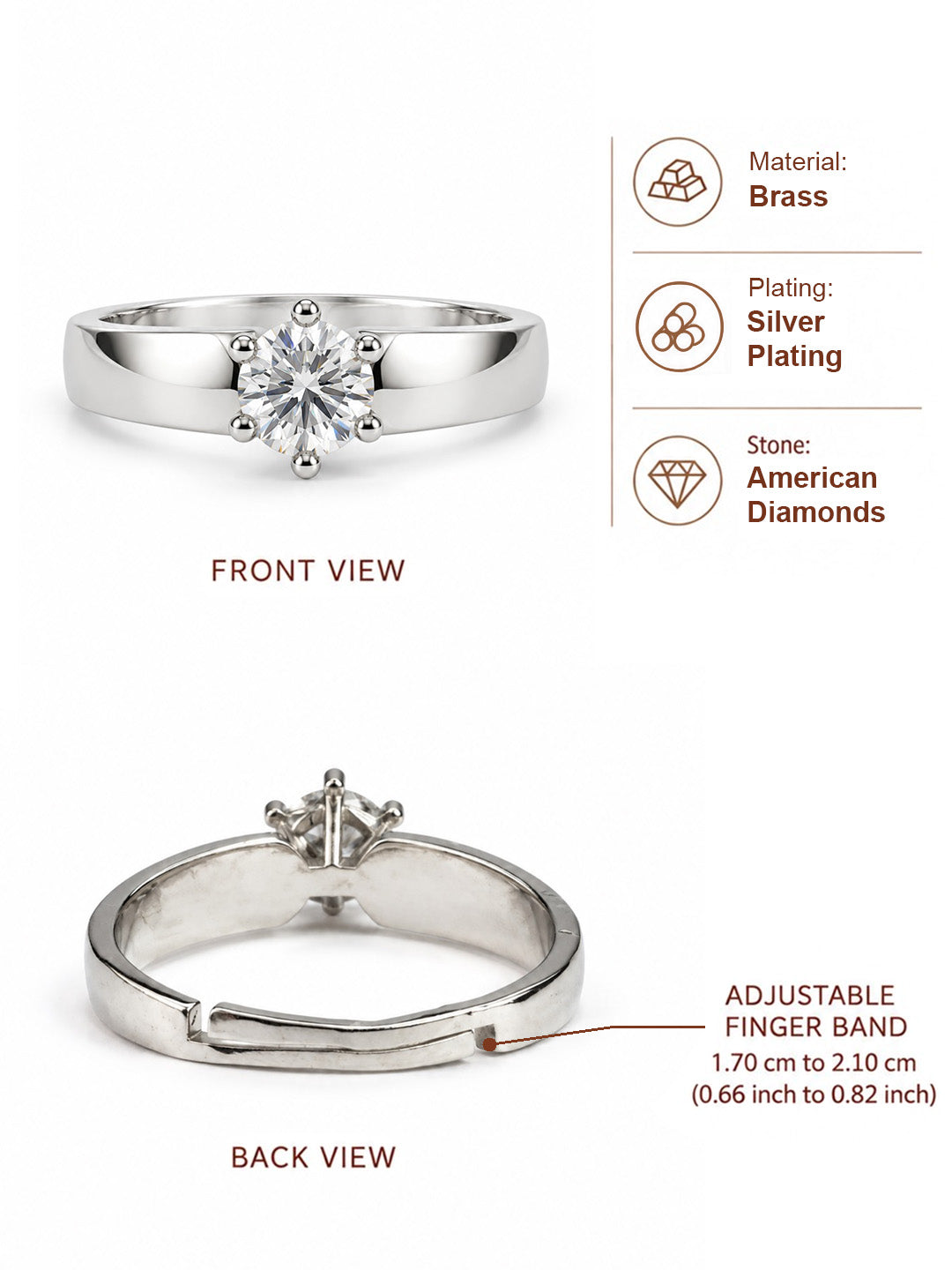 Clear Round Solitaire Curved Band Ring - Silver Plated, image6