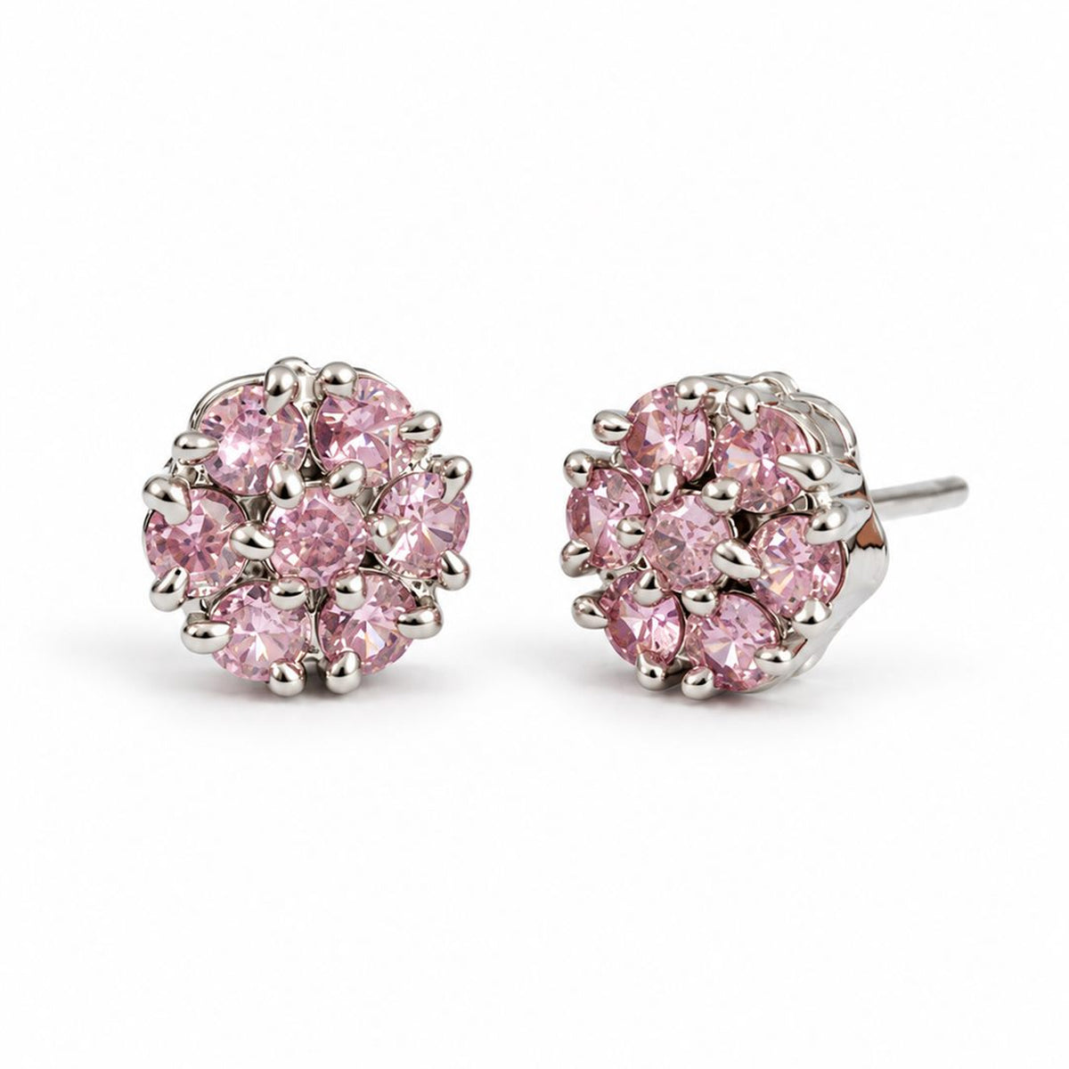 Pink Stone Floral Cluster Stud Earrings, silver plated