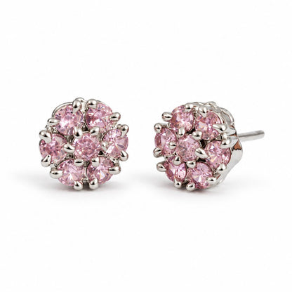 Pink Stone Floral Cluster Stud Earrings, silver plated