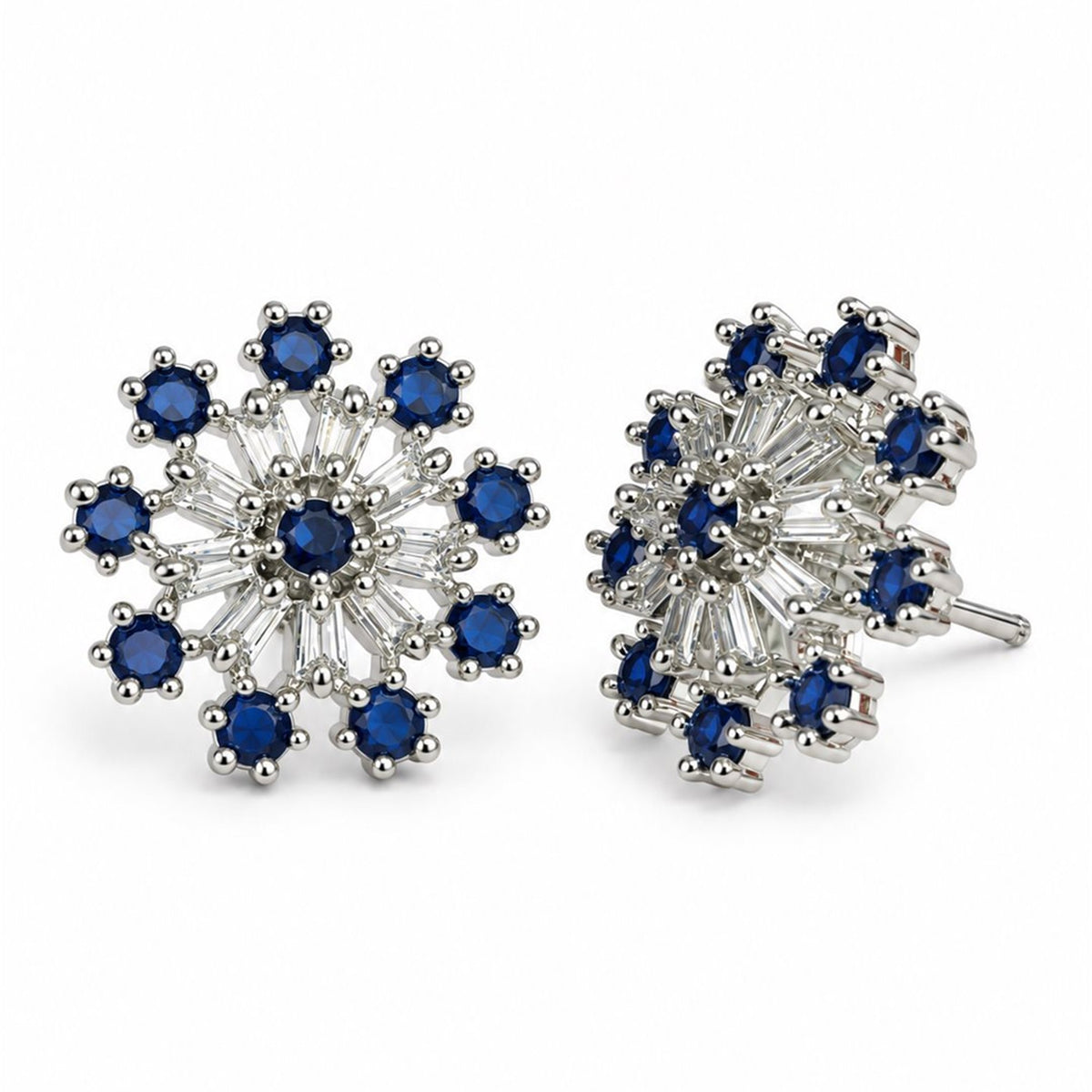 Blue Baguette Sunburst Stud Earrings, silver plated