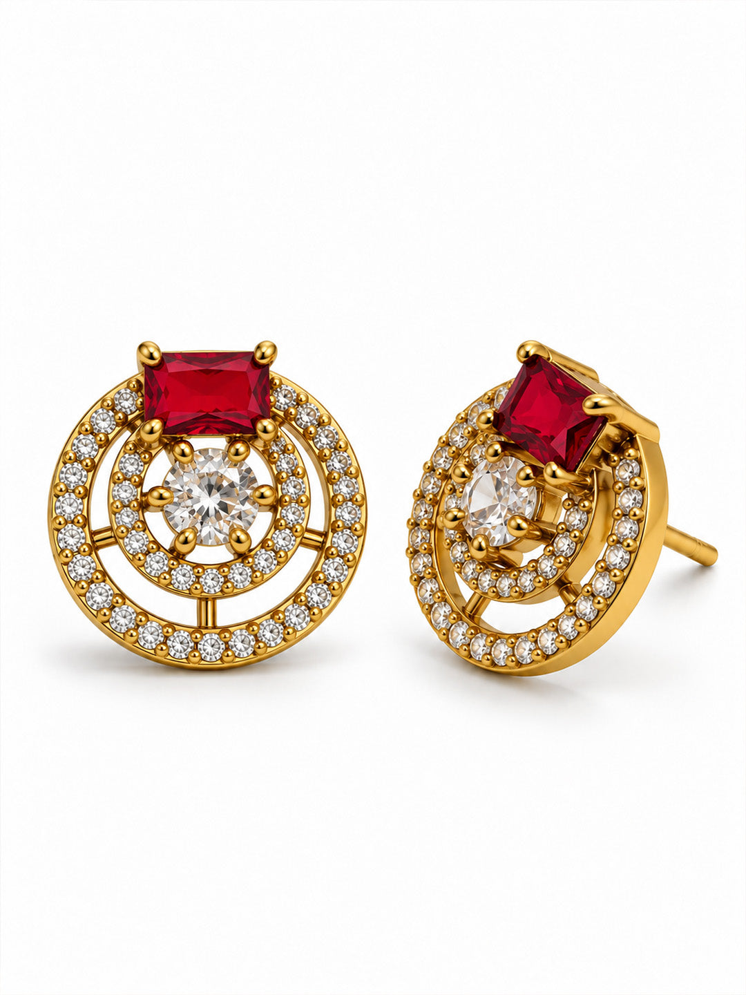 Red Stone Double Halo Stud Earrings, gold plated, alternate product view