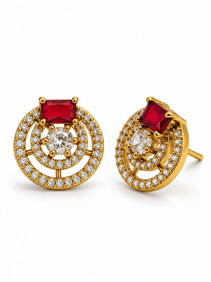 Red Stone Double Halo Stud Earrings, gold plated, alternate product view