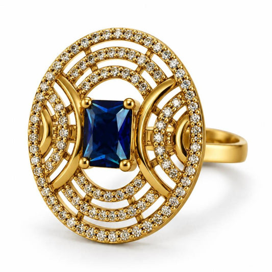 Blue Stone Rectangular Stone Oval Halo Ring - Gold Plated, product view