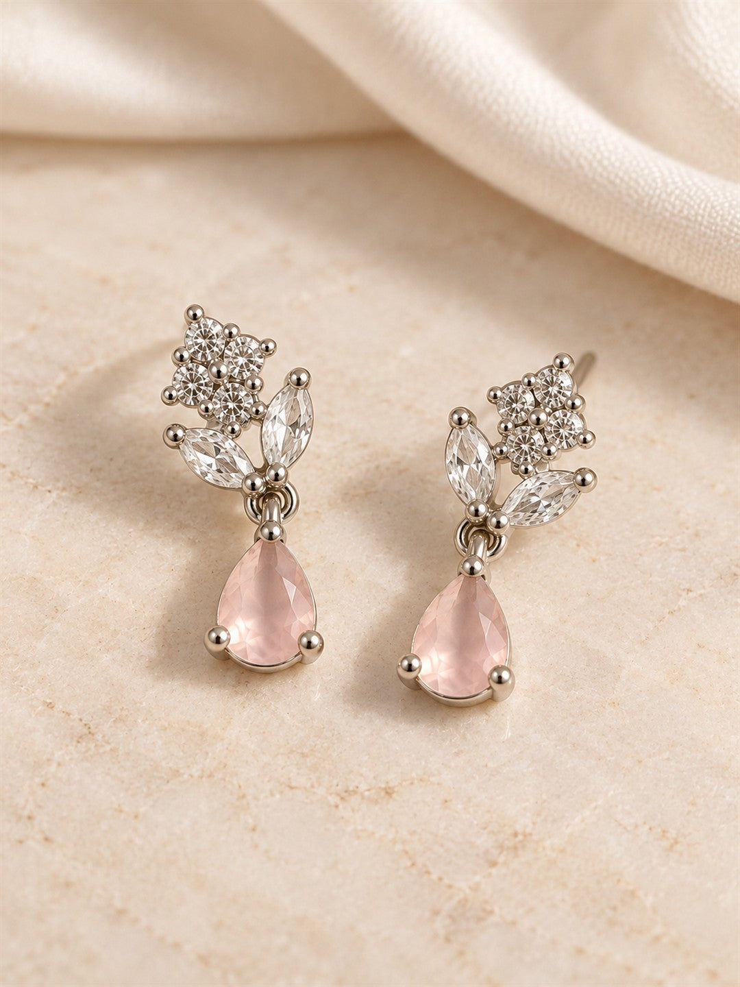 Pink Teardrop Floral Drop Earrings - Silver Plated, additional view 3
