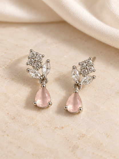 Pink Teardrop Floral Drop Earrings - Silver Plated, additional view 3