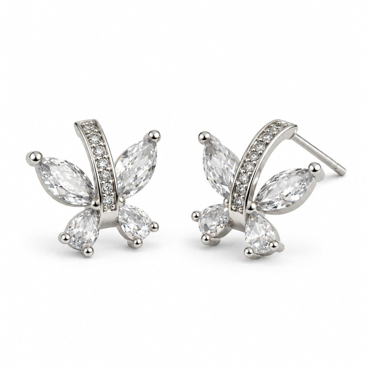 Clear Marquise Leaf Spray Stud Earrings, silver plated