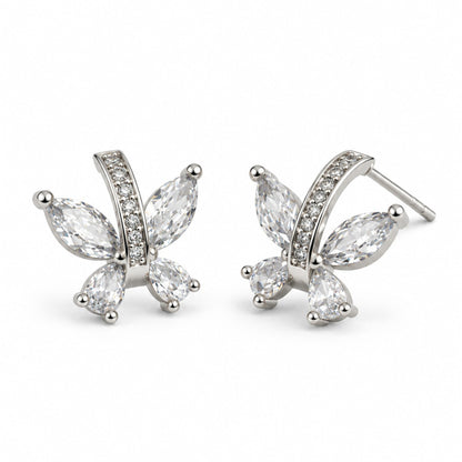 Clear Marquise Leaf Spray Stud Earrings, silver plated