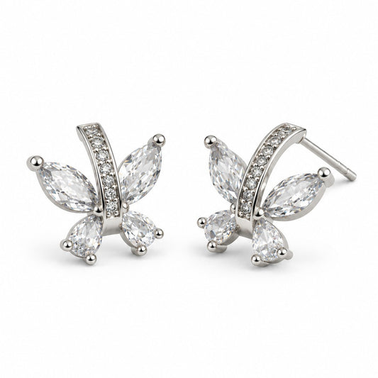 Clear Marquise Leaf Spray Stud Earrings, silver plated