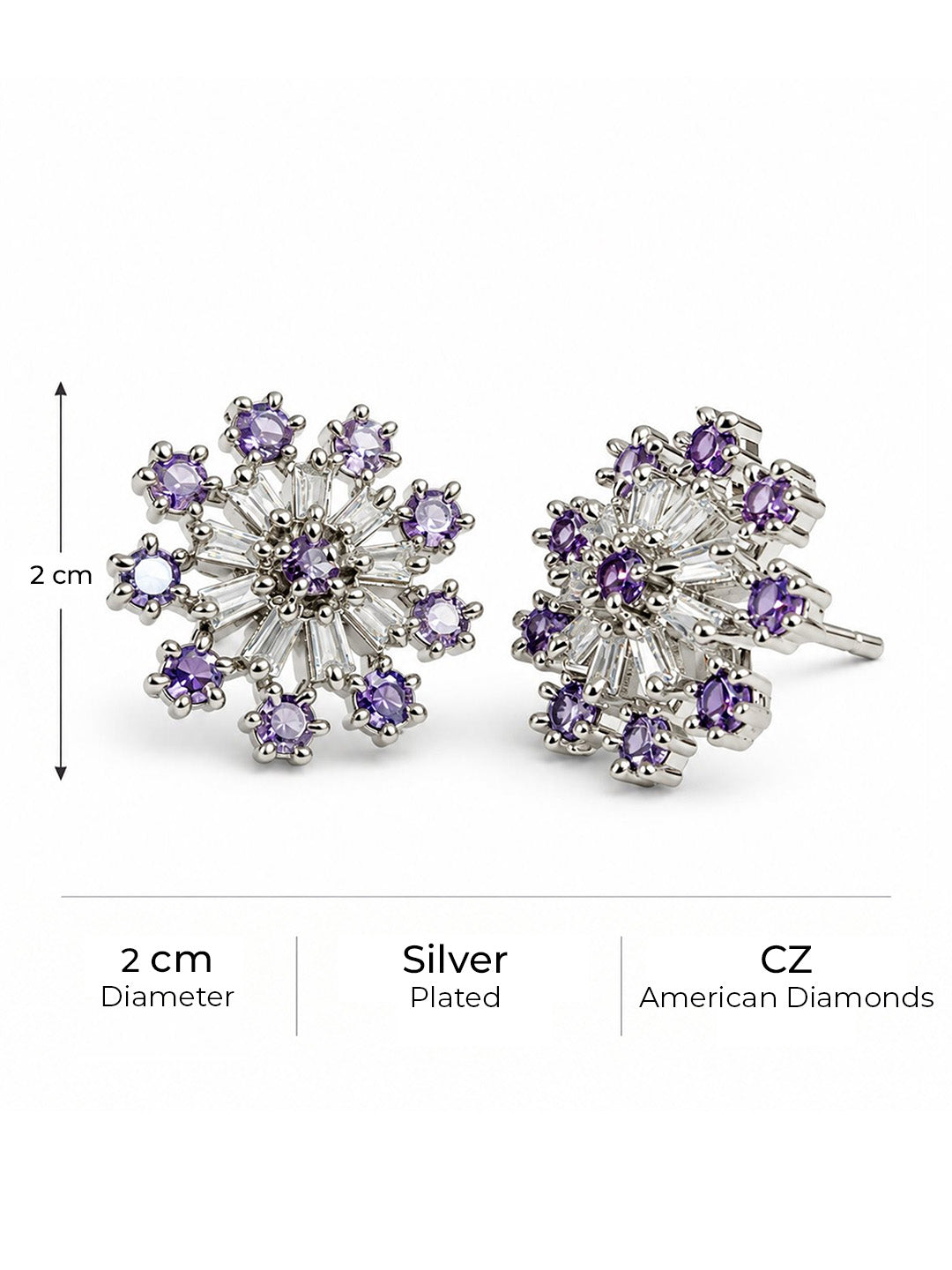 Purple Baguette Sunburst Stud Earrings, silver plated, size and plating details
