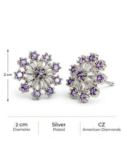 Purple Baguette Sunburst Stud Earrings, silver plated, size and plating details