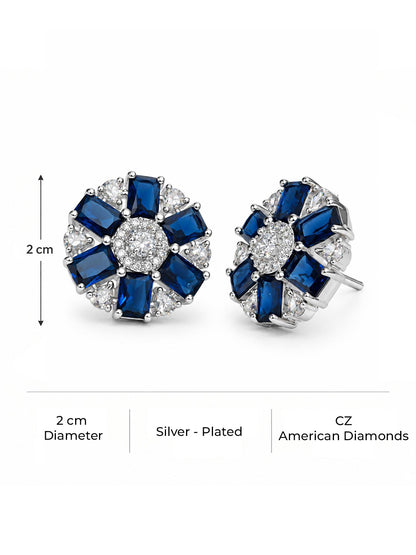 Blue round flower silver-plated stud earrings