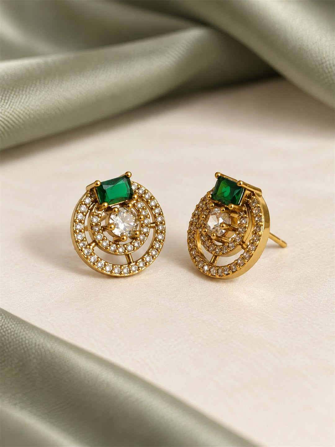 Green Stone Double Halo Stud Earrings, gold plated, lifestyle view