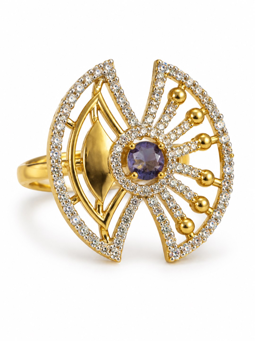Purple Center Stone Fan Motif Ring - Gold Plated