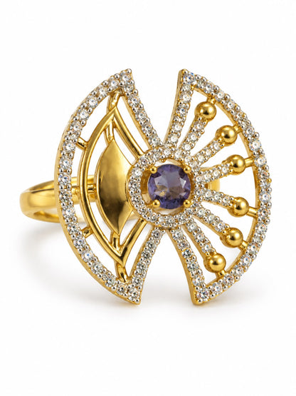 Purple Center Stone Fan Motif Ring - Gold Plated