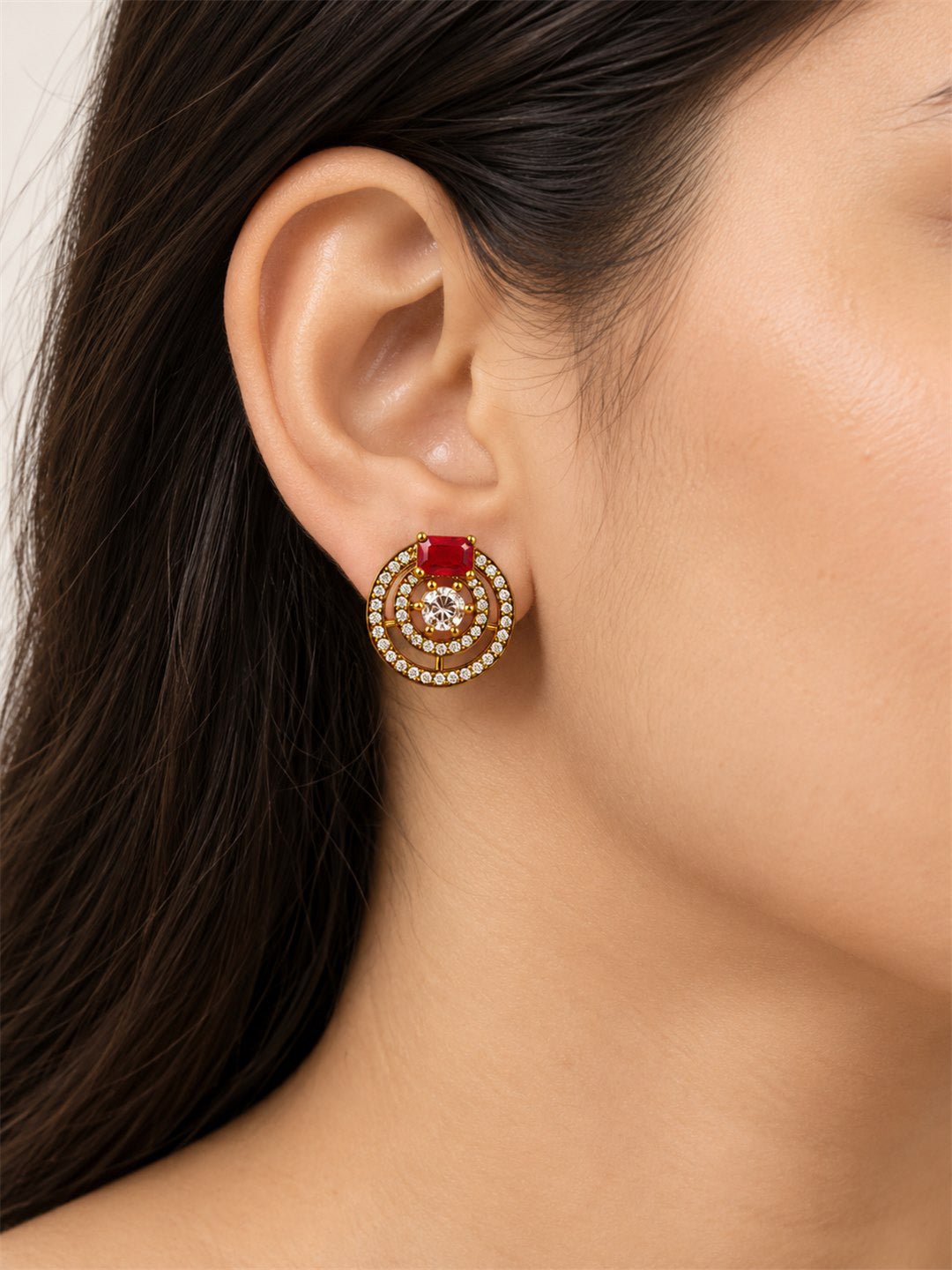Red Stone Double Halo Stud Earrings, gold plated, model close-up