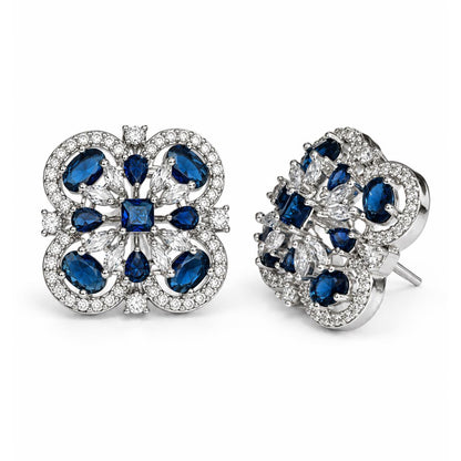 Blue four-leaf clover halo silver-plated stud earrings