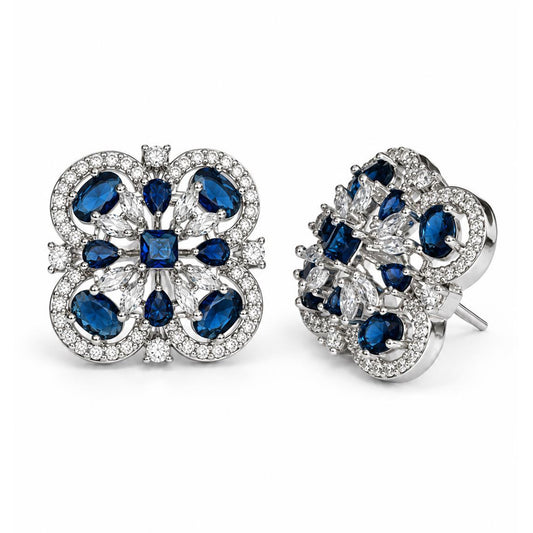 Blue four-leaf clover halo silver-plated stud earrings